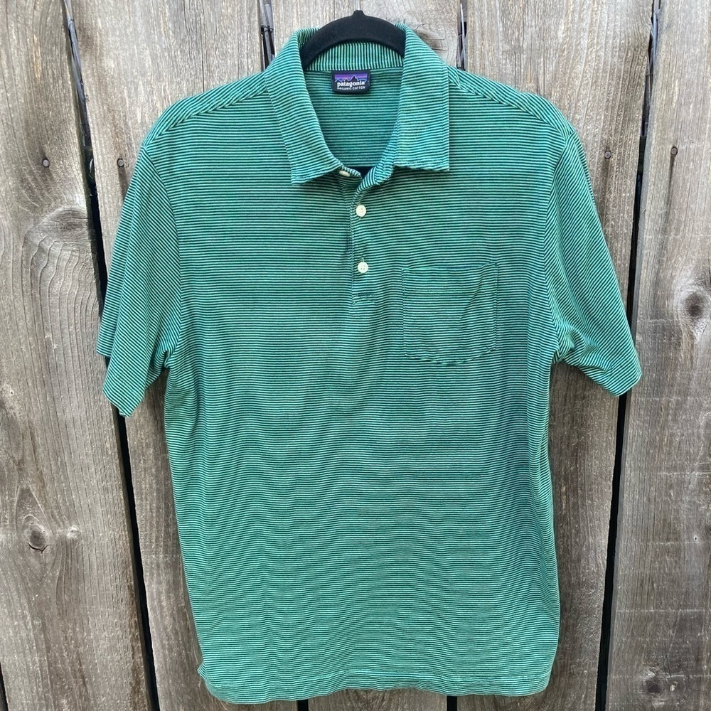 Men's Patagonia Green Striped Pocket Polo NO SIZE Organic Cotton Stretch Light